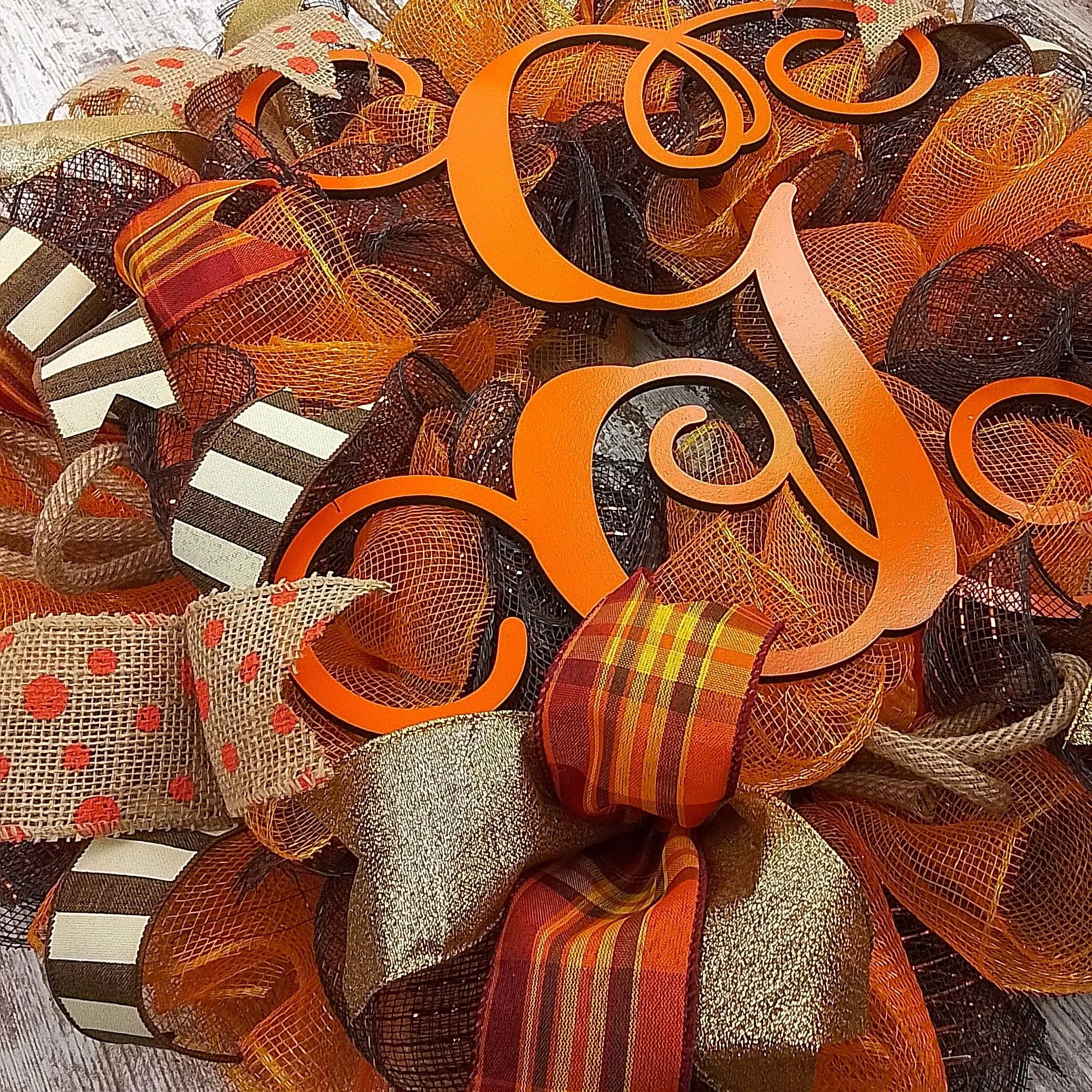 Fall Wreaths for Front Door - Autumn Thanksgiving Wreath - Brown Orange : F3