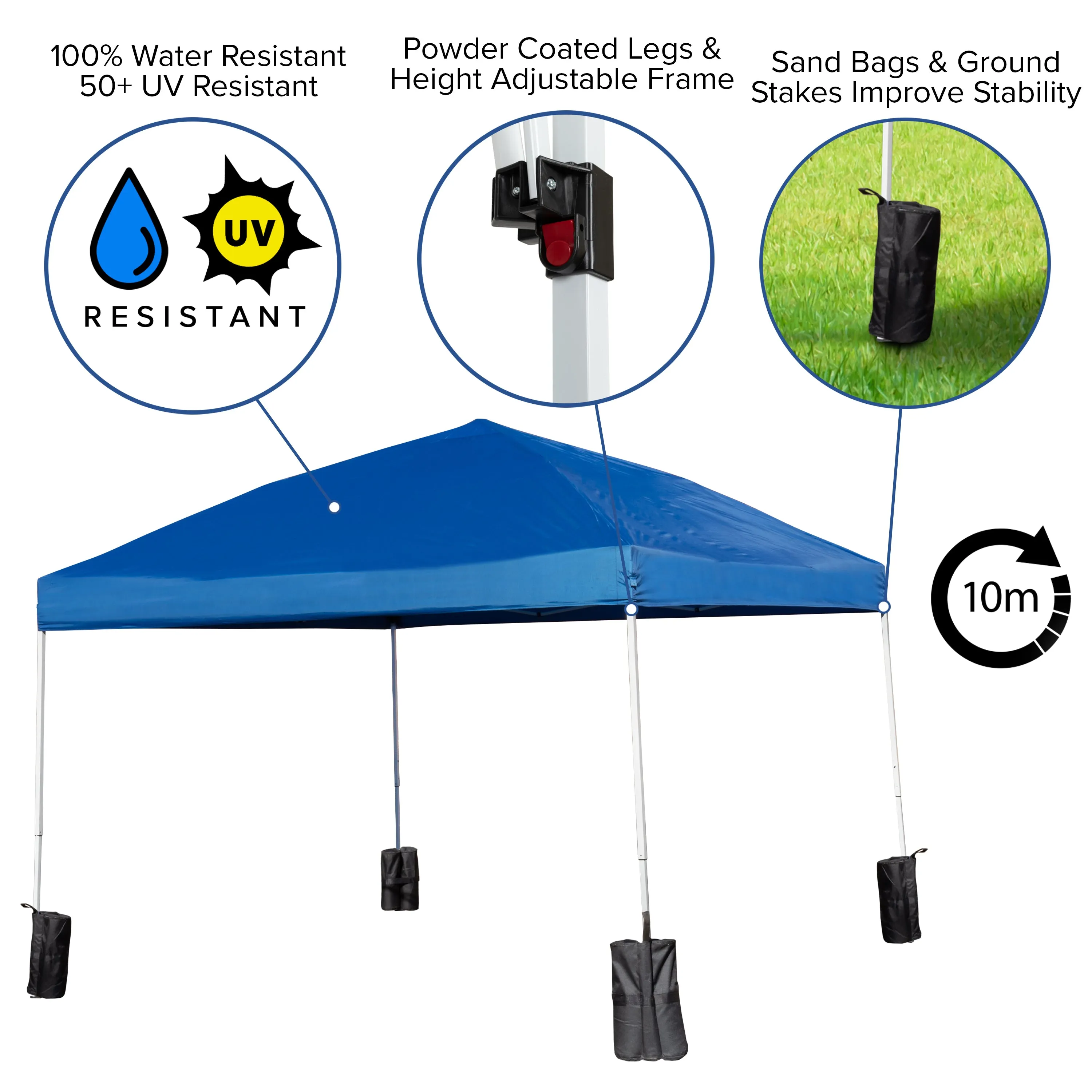 Harris 10'x10' Blue Pop Up Event Straight Leg Canopy Tent with Sandbags and Wheeled Case