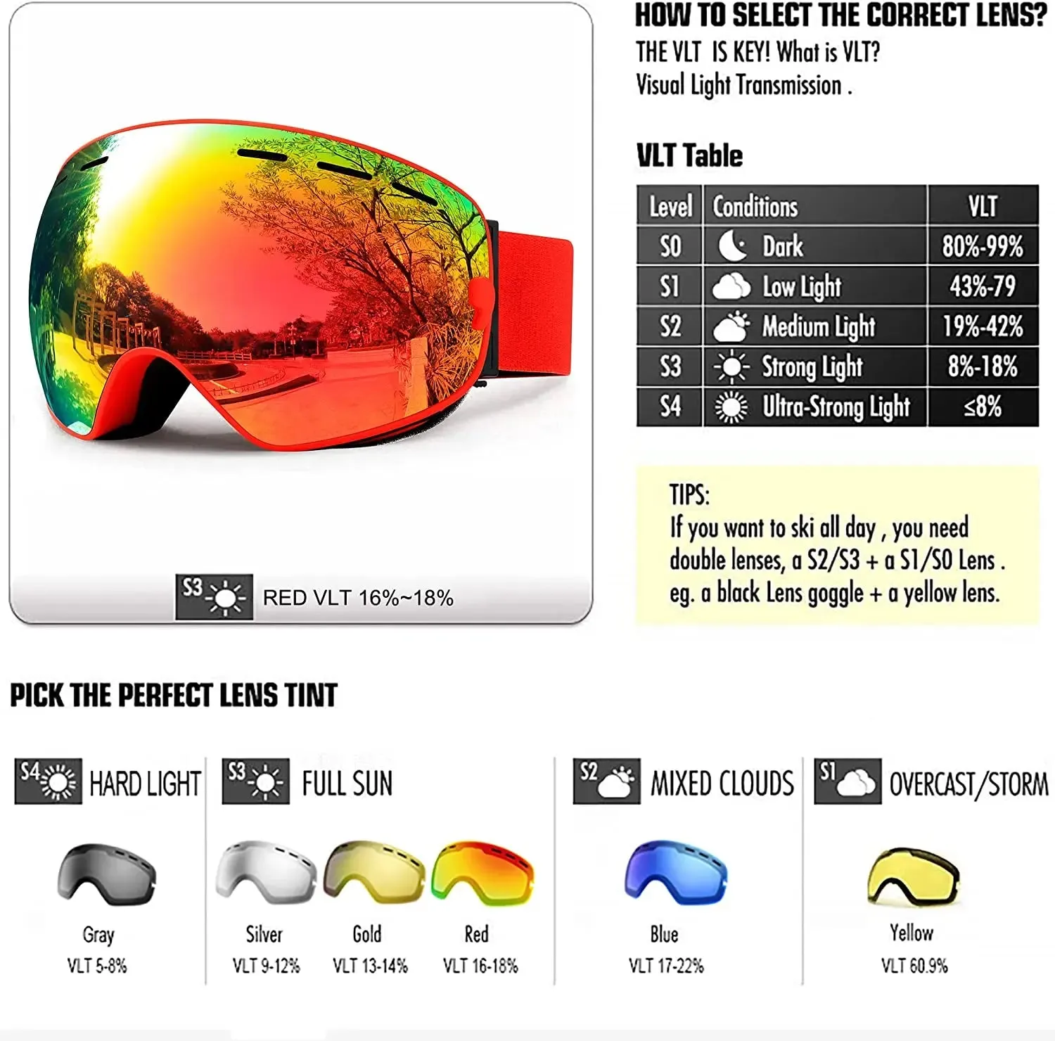Ski Goggles Men Women Snowboard Glasses Winter Outdoor Sport Snowmobile Sunglasses Uv400 Double Layers Lens Anti-Fog Skiing Gogg