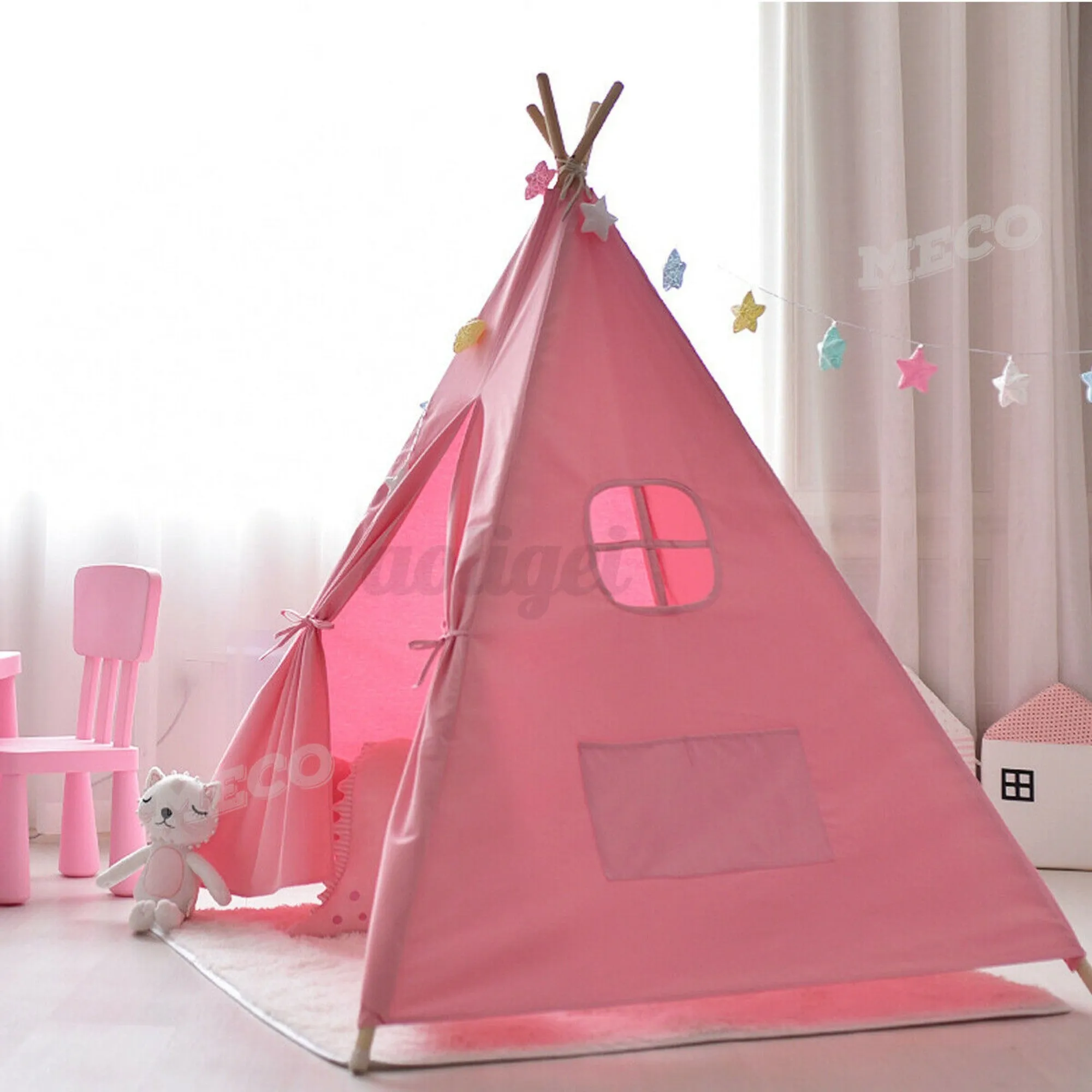 Teepee canvas Wigwam Tent Cubby House Larger for kids indoor -Pink-LARGE 130cm Size